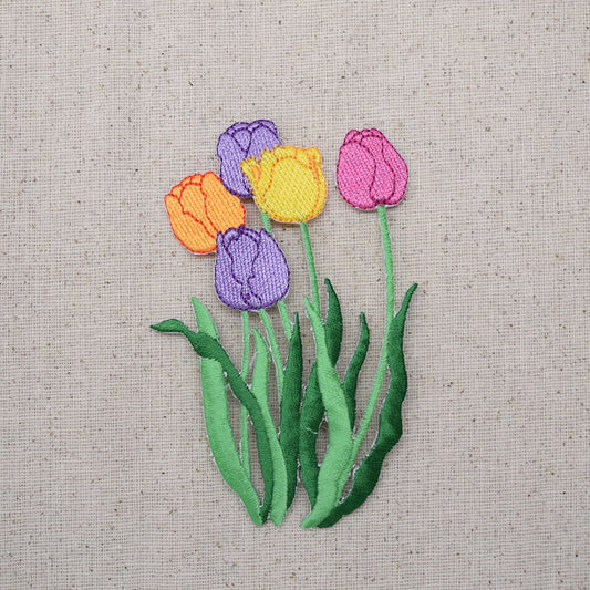 Tulip Flowers - Five - Purple, Yellow, Orange, Pink - Iron on Applique - Embroidered Patch - 696705-A