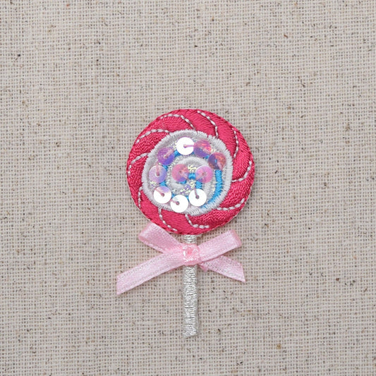 Sequin - Pink Lollipop with Sheer Bow - Candy - Embroidered Patch - Iron on Applique - 695676-A