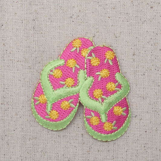 Flip Flops - Summer Sandals - Hot Pink and Lime Green - Yellow Flowers - Iron on Applique - Embroidered Patch - 695254-B