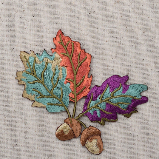 Two Acorns - Colorful Fall Leaves - Oak Tree - Iron on Applique - Embroidered Patch - 611578A