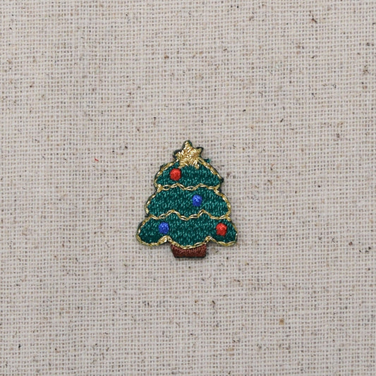 Mini Christmas Tree -  Gold Star -  Blue and Red Balls - Lights - Iron on Applique - Embroidered Patch - 1516841A
