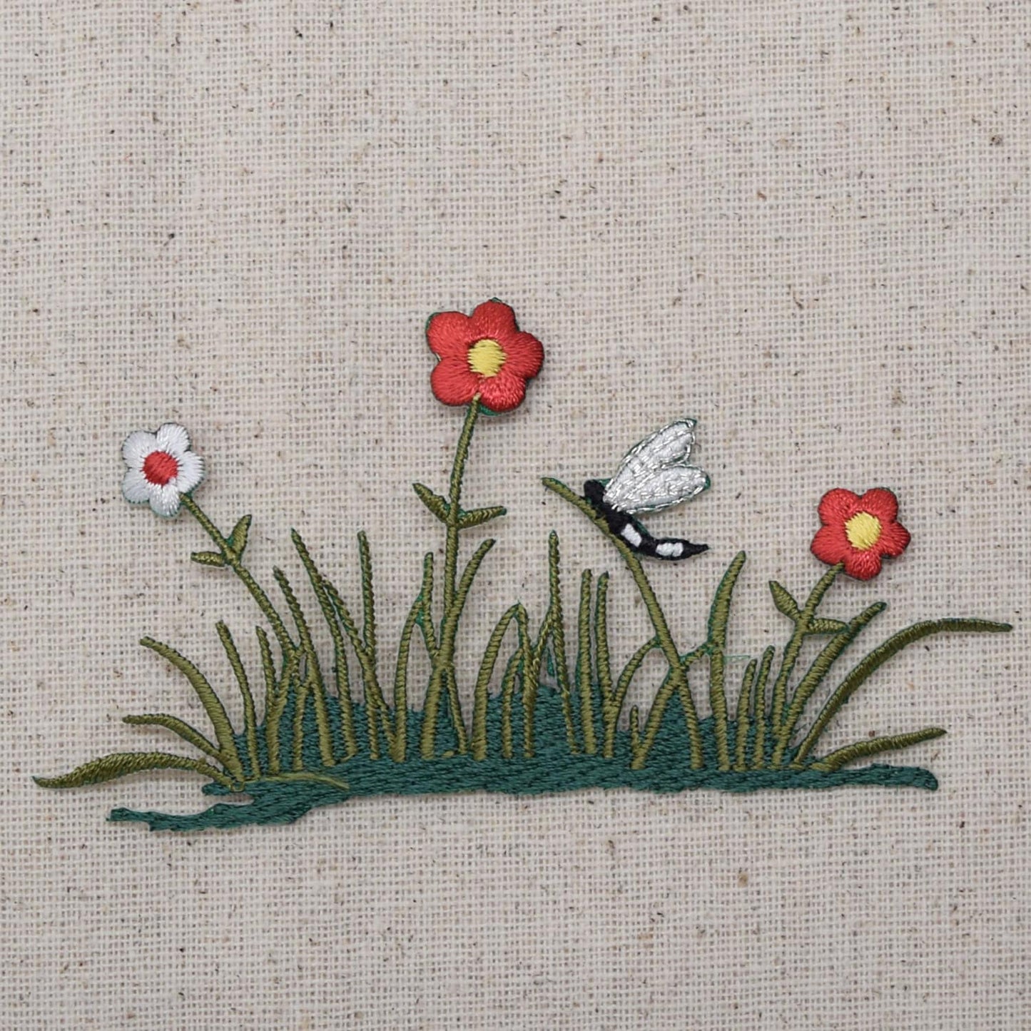 Grass - Red and White Flowers - Patch of Daisies - Dragonfly - Iron on Applique - Embroidered Patch - 695562A