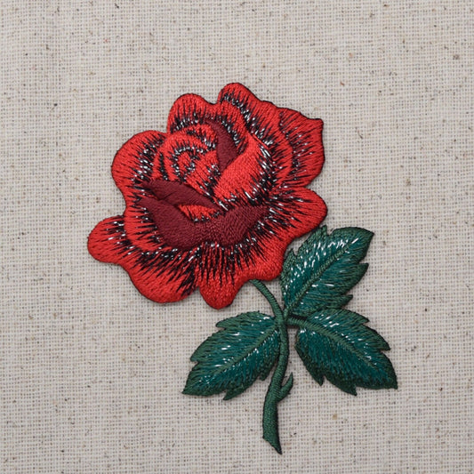 Red Rose - Open Petals and Stem - Flower - Iron on Applique - Embroidered Patch - 153105A