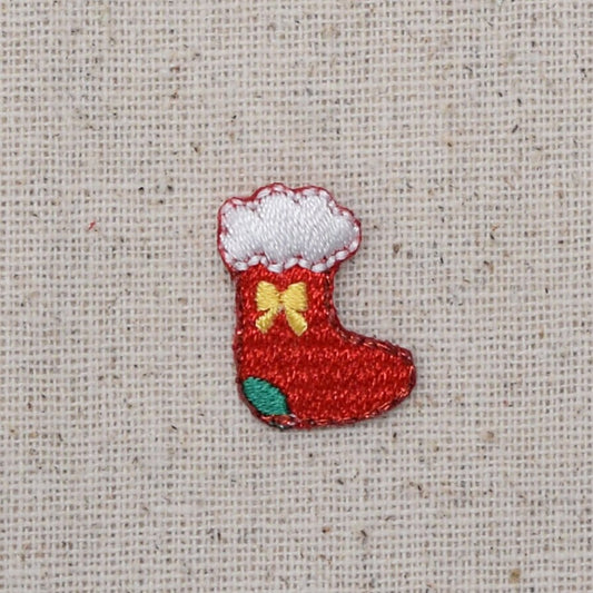 Mini - Christmas - Red Stocking - Yellow Bow - Small - Iron on Applique - Embroidered Patch - 1516846A