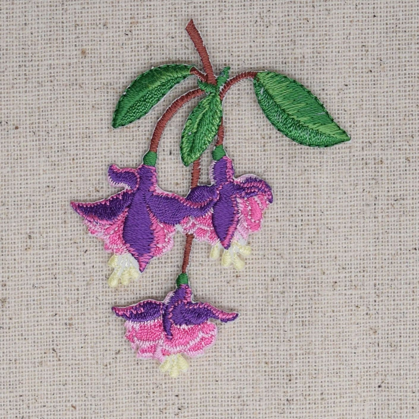 Fuchsia Flowers - Lady's Ear Drops - Pink and Purple - Three Buds - Iron on Applique - Embroidered Patch