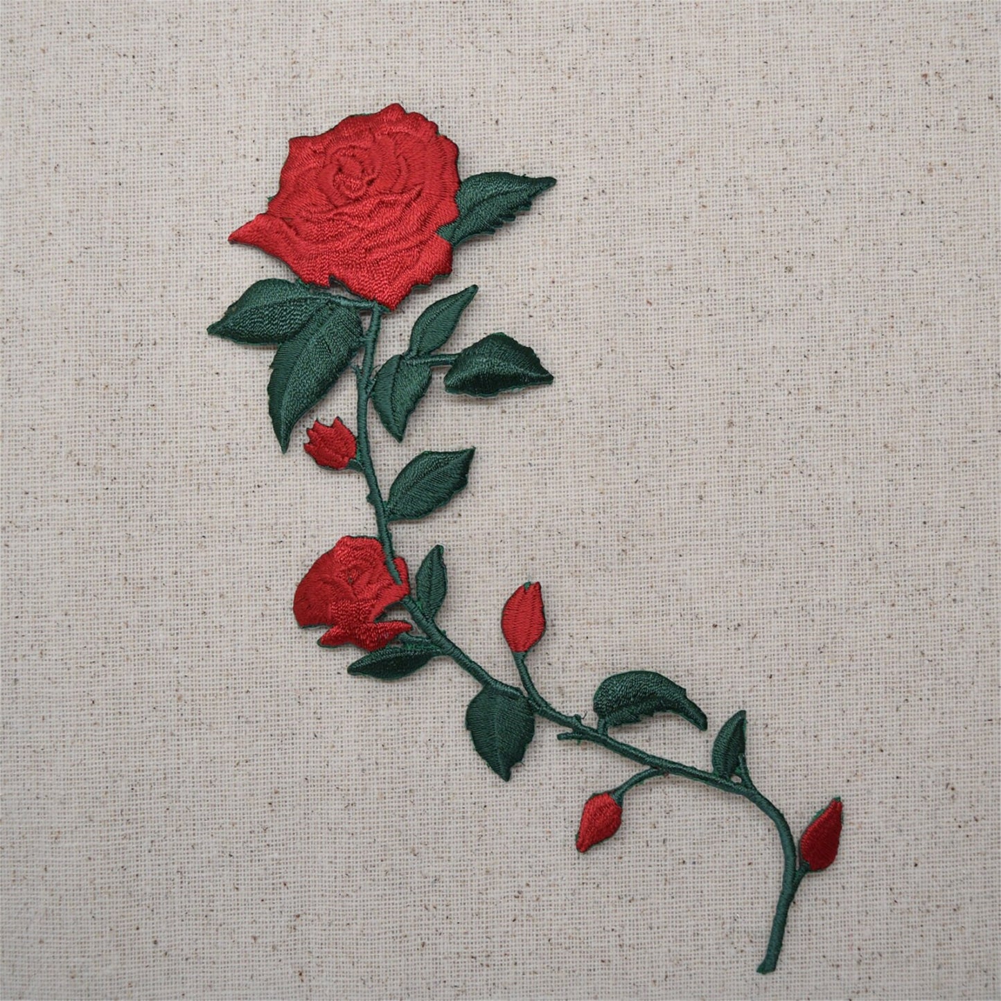 Red Rose - Open Petals on Long Stem - Flowers - Facing LEFT or RIGHT - Iron on Applique - Embroidered Patch - 695735