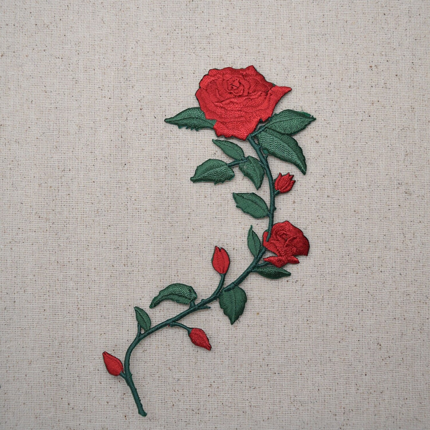 Red Rose - Open Petals on Long Stem - Flowers - Facing LEFT or RIGHT - Iron on Applique - Embroidered Patch - 695735