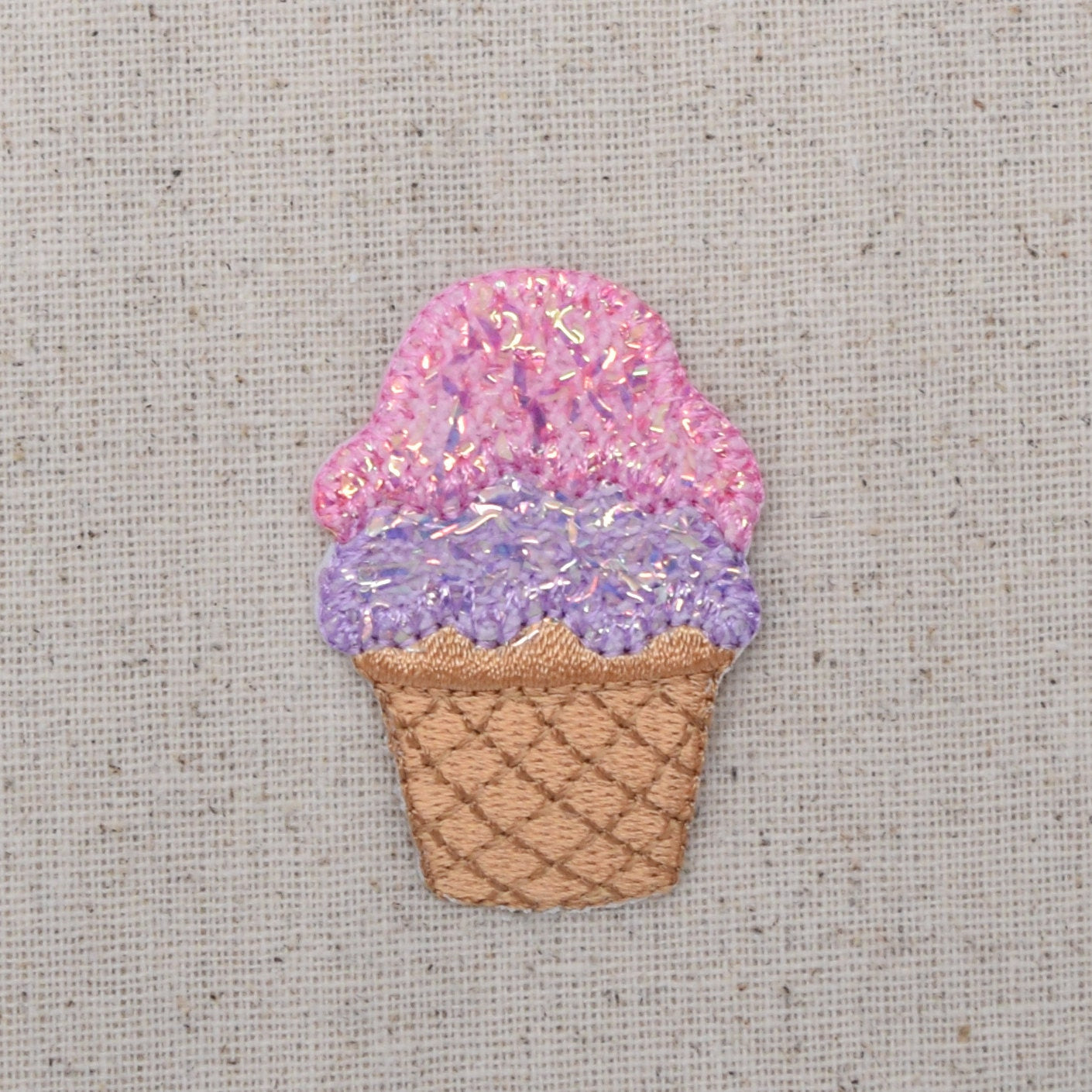 Ice Cream Cone - Dessert Food - Double Scoop - Pink and Purple - Iron on Applique - Embroidered Patch - 693997A