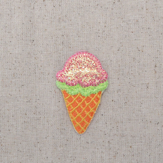Ice Cream Cone - Dessert Food - Double Scoop - Pink and Green - Iron on Applique - Embroidered Patch - 693996A
