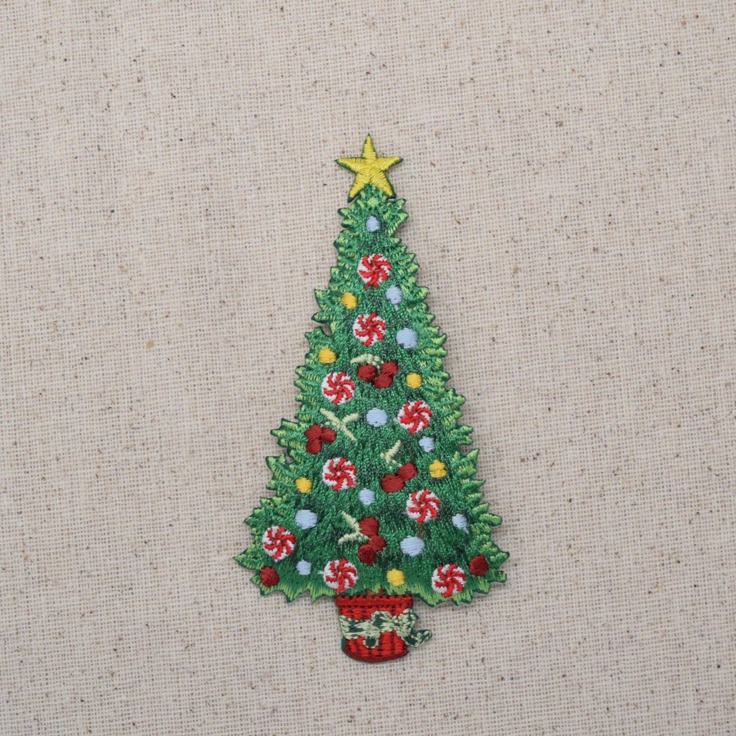 Christmas Tree - Peppermint Decorations - Yellow Star - Iron on Applique - Embroidered Patch -  695858A