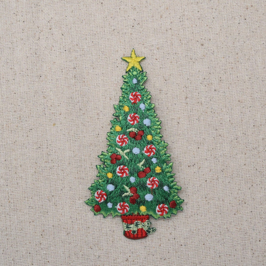 Christmas Tree - Peppermint Decorations - Yellow Star - Iron on Applique - Embroidered Patch -  695858A