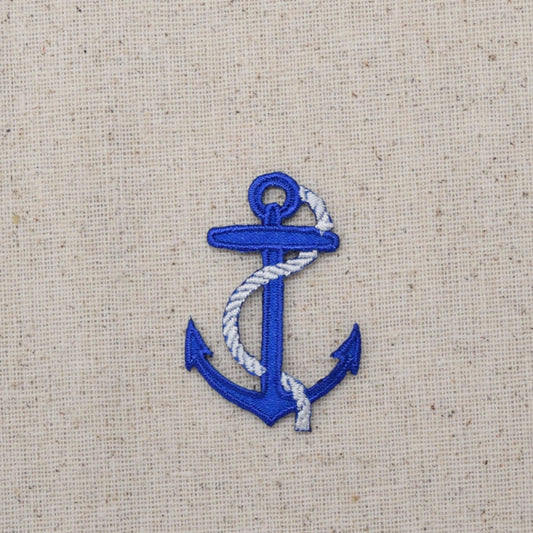 Small - Blue Nautical Anchor - White Rope - Iron on Applique - Embroidered Patch - 696501B