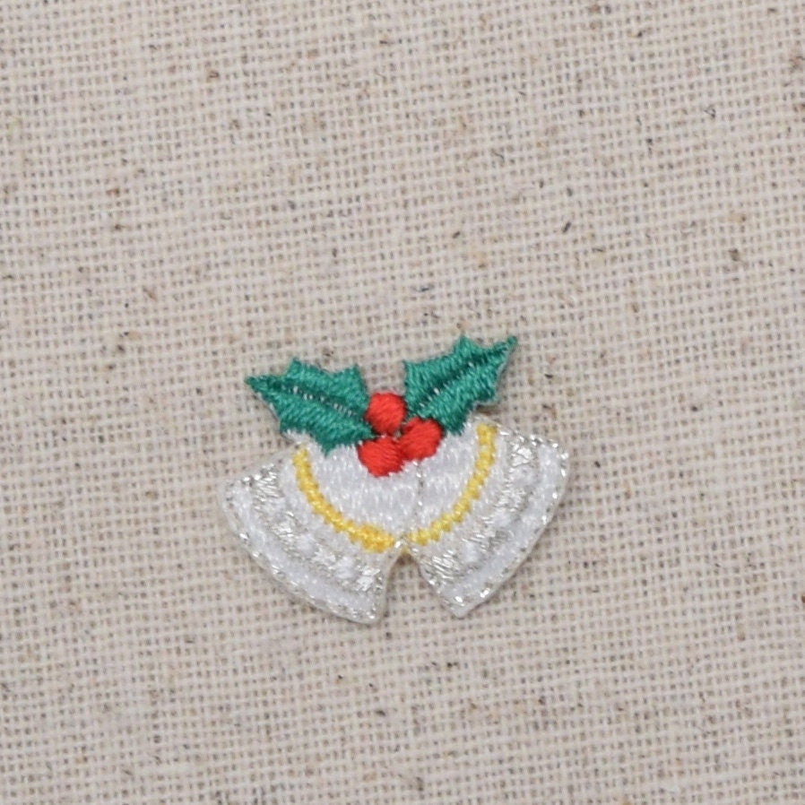Mini White Christmas Bells with Holly Berries - Embroidered Iron on Patch