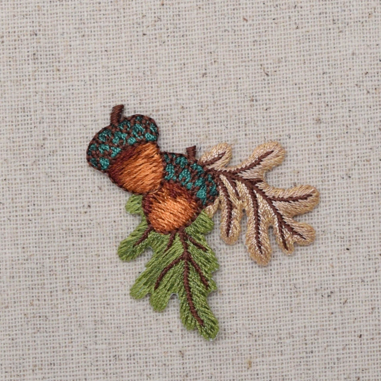 Two Acorns - Brown and Green Fall Leaves - Iron on Applique - Embroidered Patch - 1511941A