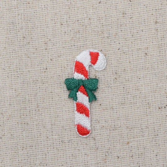 Christmas - Candy Cane - Green Bow - Iron on Applique - Embroidered Patch - 20685A