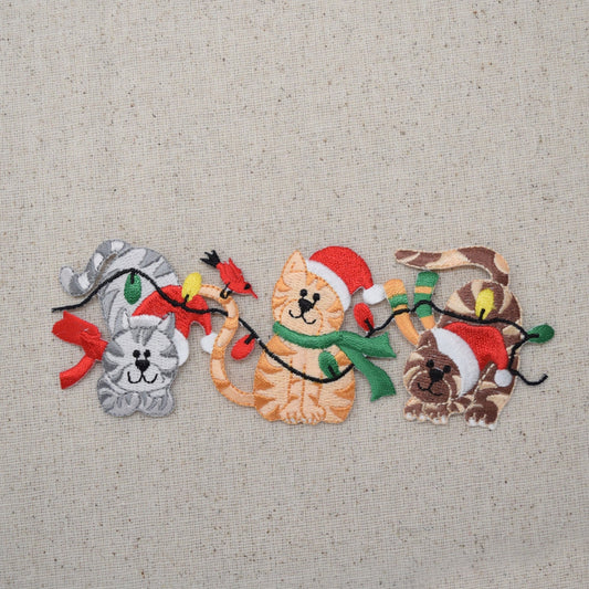 Christmas Lights - Kittens - Cats - Santa Hat - Pets - Iron on Applique - Embroidered Patch - 695631A