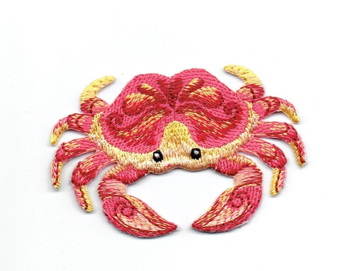 Crab - Tropical - Coral/Yellow - Ocean Animal - Iron on Applique - Embroidered Patch - 697000-A