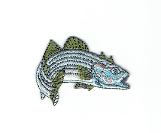 Stripe Bass - Natural Fish - Blue/Green - Facing Right - Iron on Applique - Embroidered Patch - 693680-B