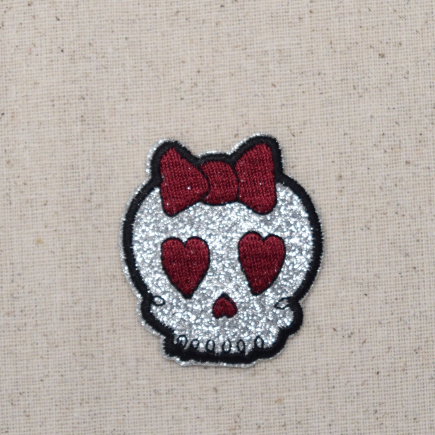 Girl Skull - Silver Glitter - Maroon Bow - Embroidered Iron on Patch