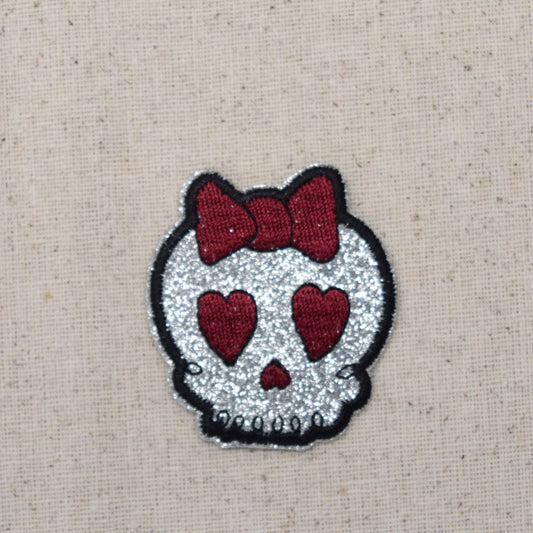 Girl Skull - Silver Glitter - Maroon Bow - Embroidered Iron on Patch