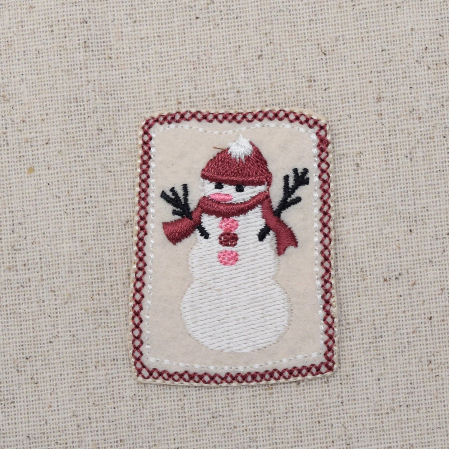 Snowman - Maroon Cross Stitch Border - Winter - Iron on Patch