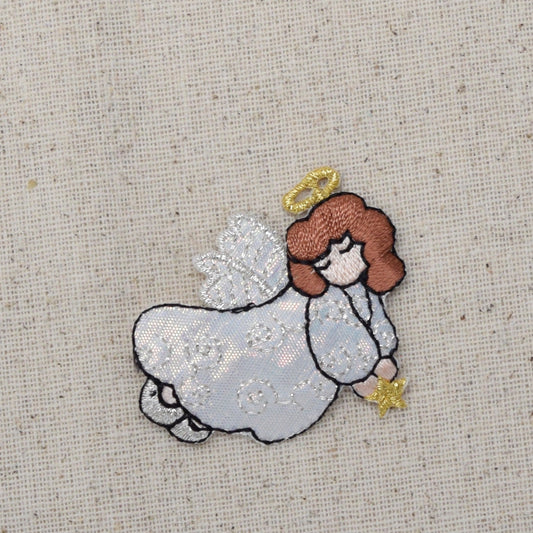 Angel - White Robe - Holding Gold Star - Flying Right - Iron on Applique - Embroidered Patch - 693878B