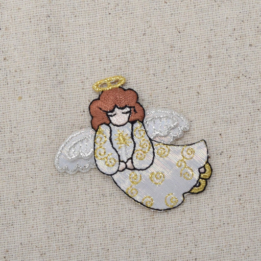 Angel - White Robe - Gold Halo - Flying Left - Iron on Applique - Embroidered Patch - 693877B