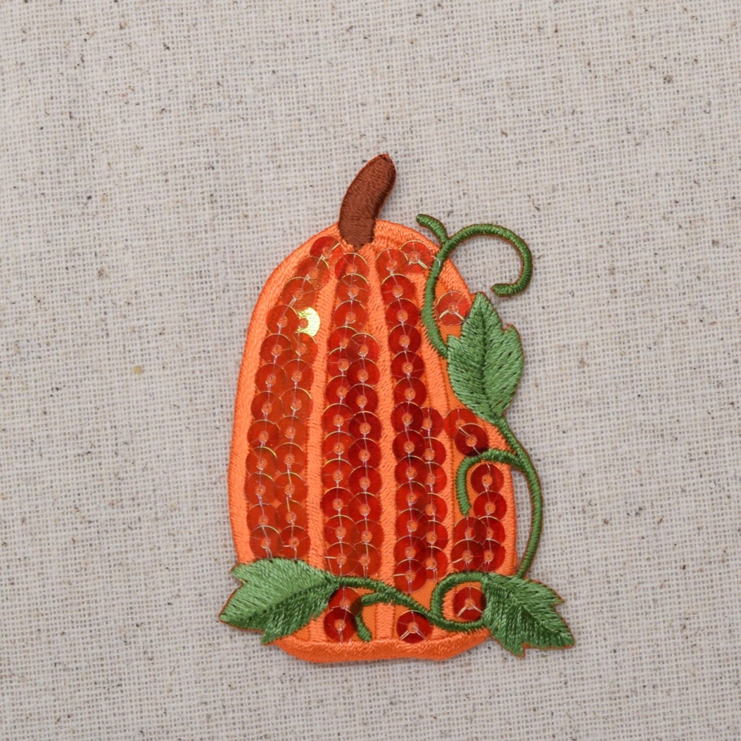 Sequin Pumpkin with Vines - Fall Harvest - Iron on Applique - Embroidered Patch - 1129061A