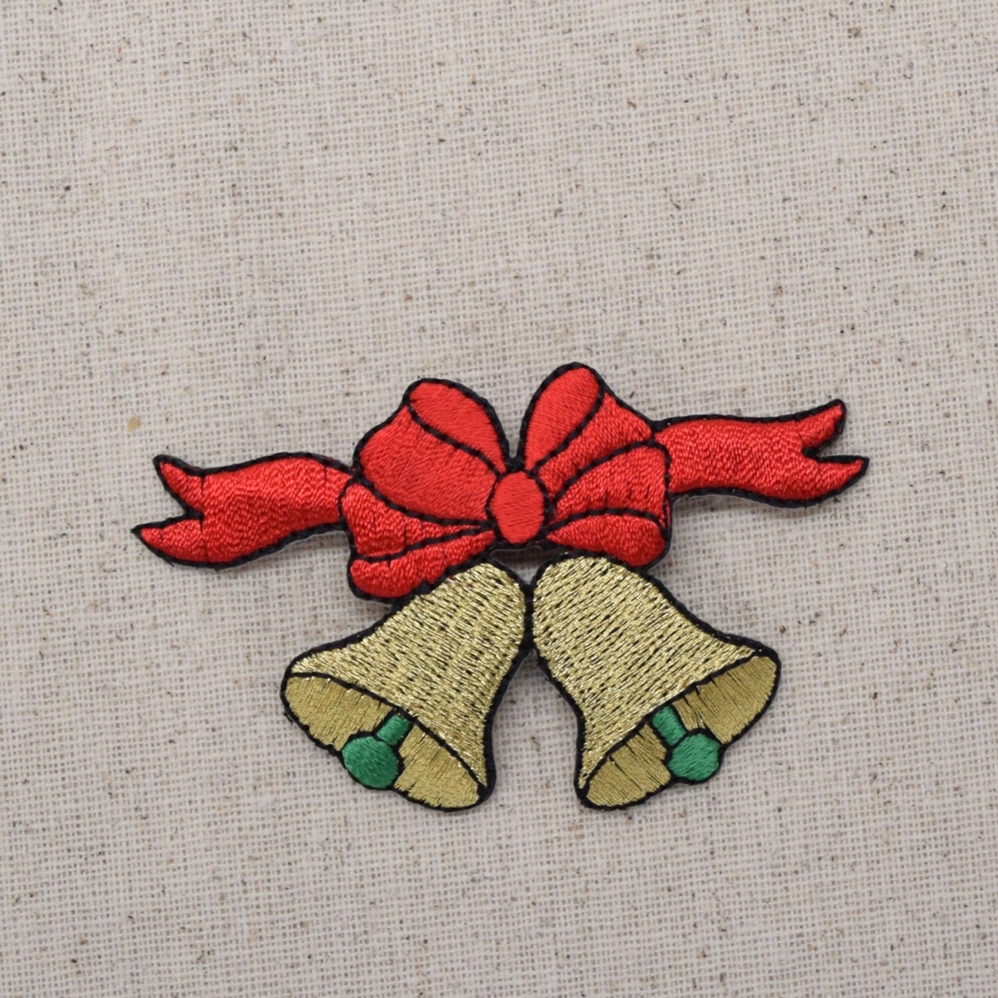 Christmas - Gold Bells with Red Bow - Iron on Applique - Embroidered Patch - 695866A