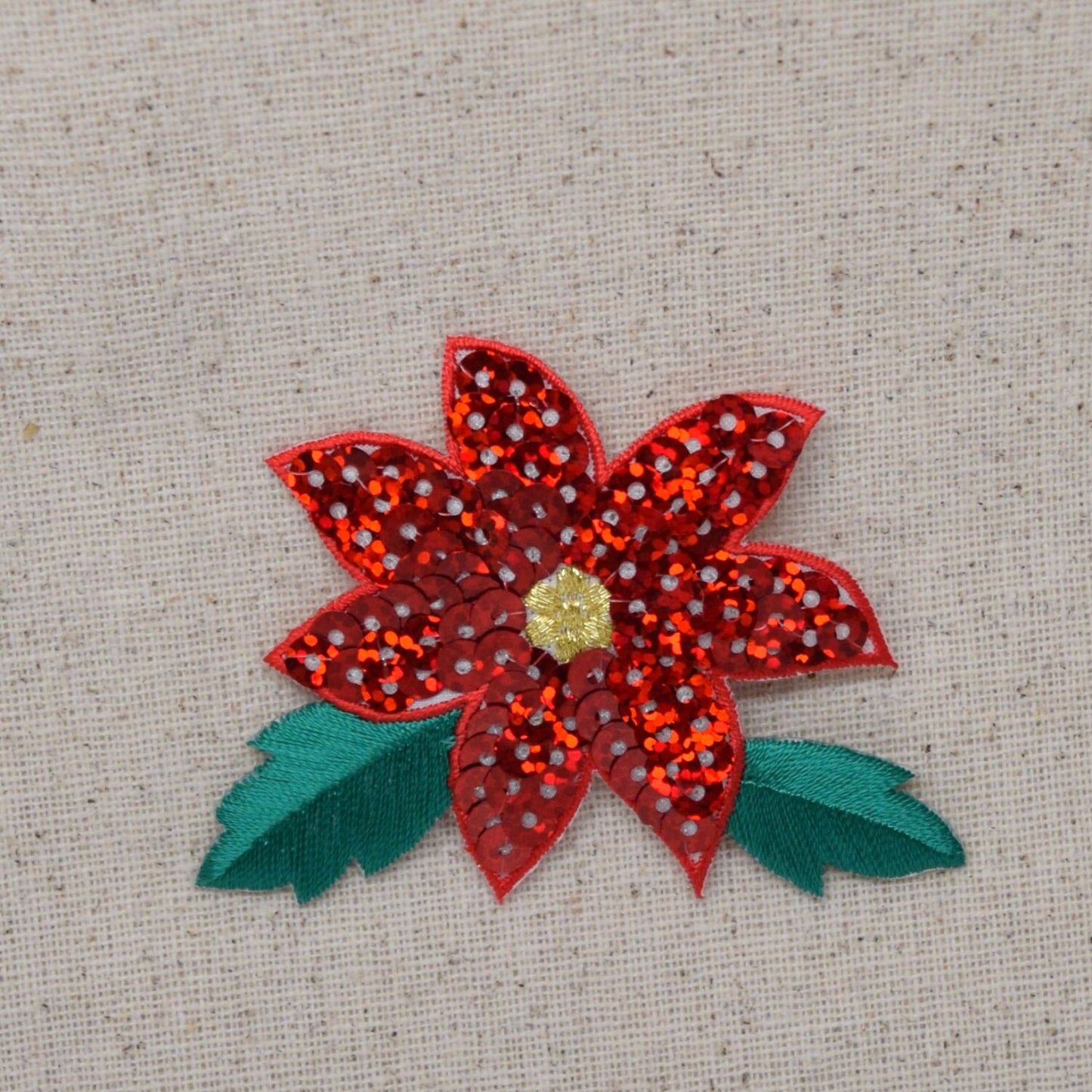 Christmas - Sequin Red Poinsettia Flower - Iron on Applique - Embroidered Patch - 1113725
