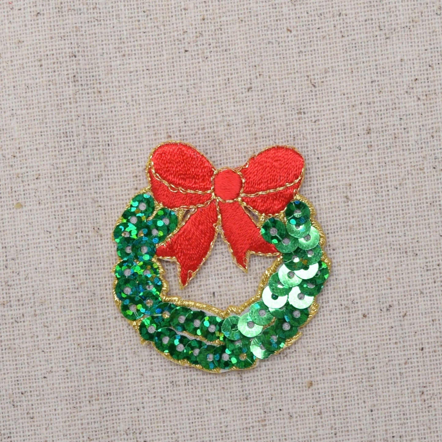 Christmas - Sequin Wreath - Green with Red Bow - Iron on Applique - Embroidered Patch - 1113726