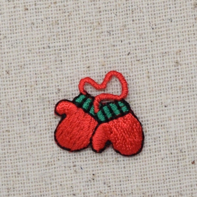 Christmas - Small Red Mittens - Embroidered Patch - Iron on Applique -  155193