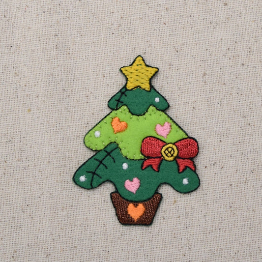 Patchwork Christmas Tree - Red Bow, Hearts, Star - Iron on Patch