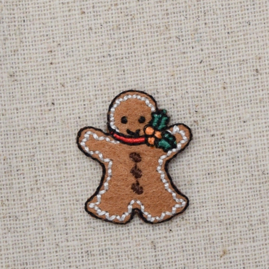 Small - Christmas Gingerbread Man - Felt - Holly Berries -  Iron on Applique - Embroidered Patch - 156084A