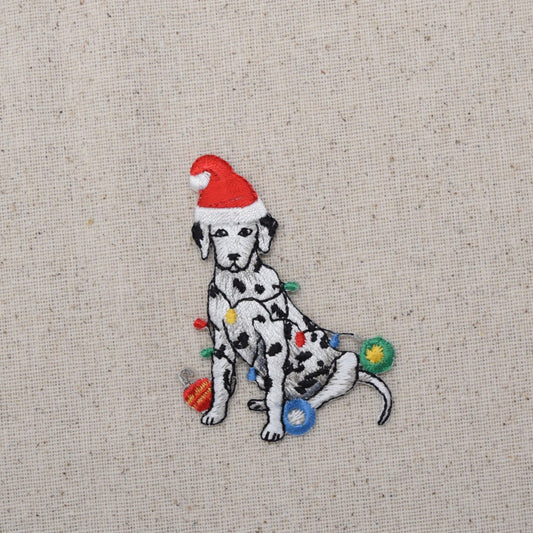 Christmas Dalmatian - Pet Dog, Christmas Lights, Santa Hat - Iron on Applique - Embroidered Patch