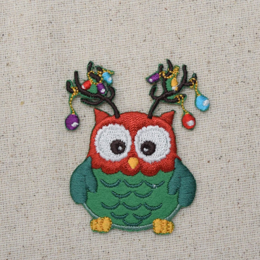 Christmas - Owl with Antlers - Lights - Iron on Applique - Embroidered Patch - 695906A