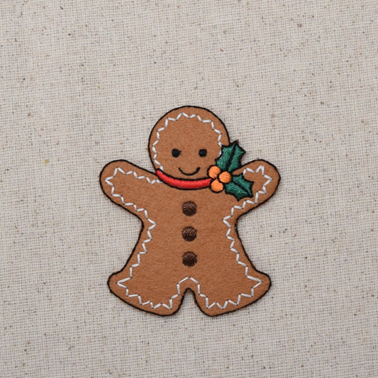 Christmas - Gingerbread Man with Holly - Iron on Applique - Embroidered Patch - 1126224B