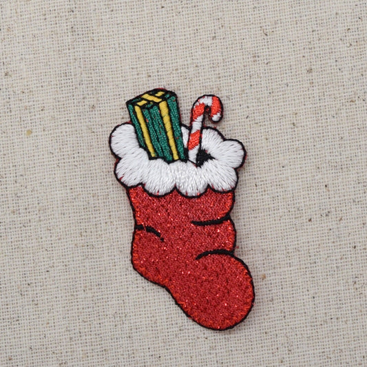 Christmas - Red Stocking with Gifts - Iron on Applique - Embroidered Patch -  155198