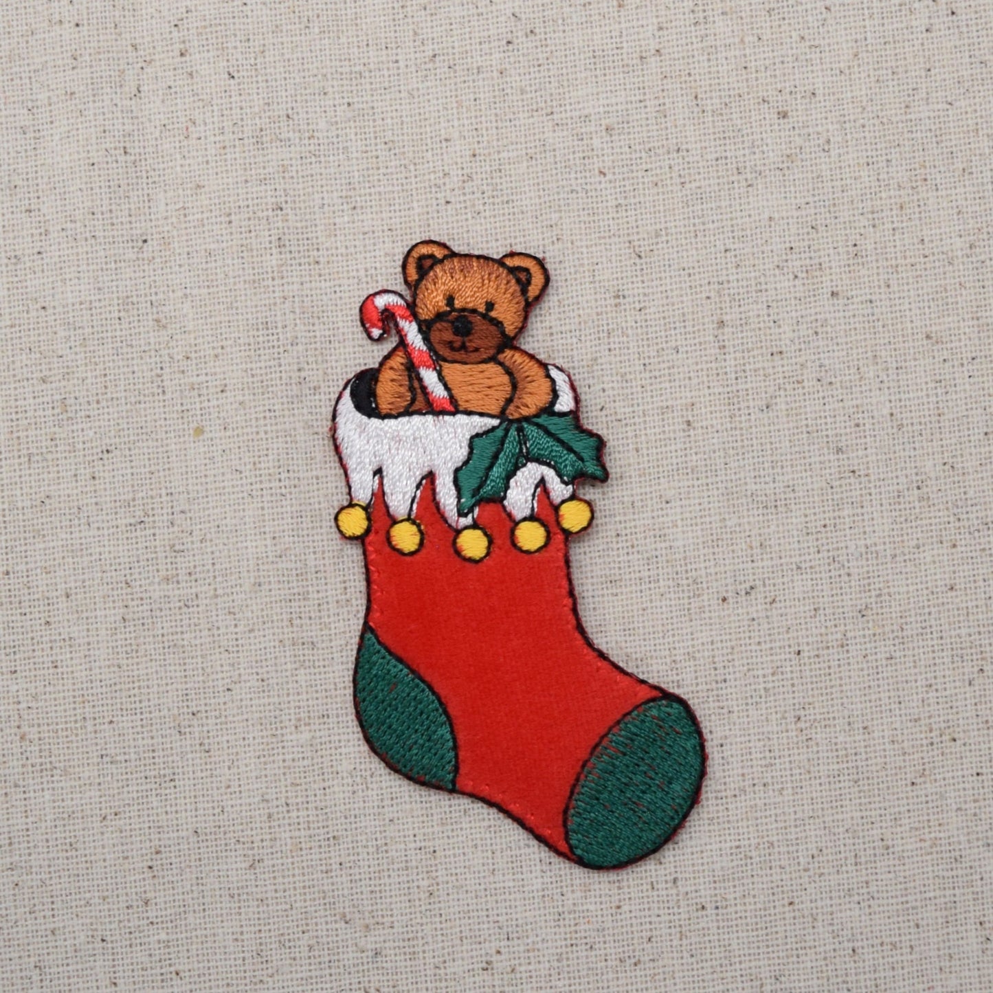 Christmas Teddy Bear in Red Stocking - Candy Cane - Iron on Applique - Embroidered Patch