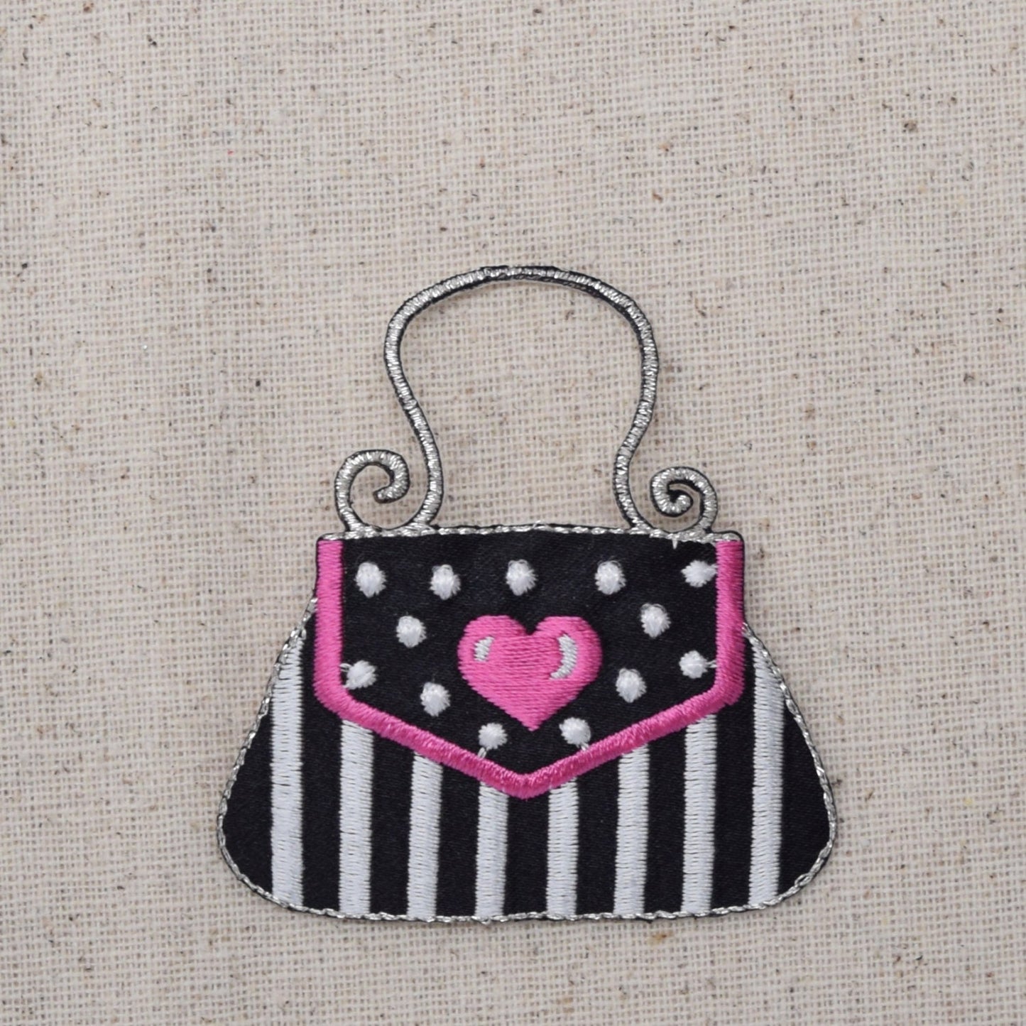 Purse - Black and Silver Striped - Pink Heart - Hand Bag - Iron on Applique - Embroidered Patch - 695583-B