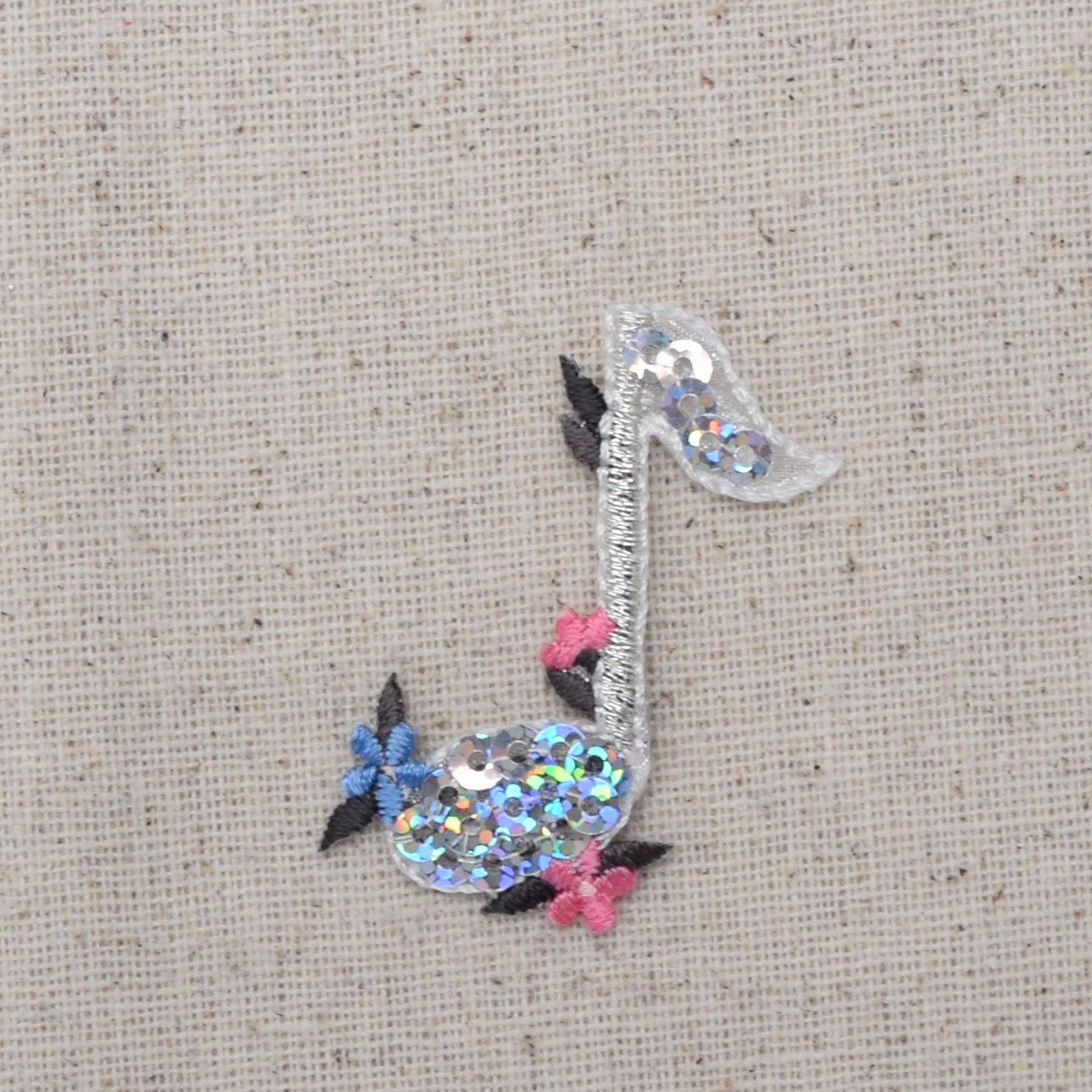 Quaver Eighth Note - Silver Sequin - Music - Flowers - Embroidered Patch - Iron on Applique - 1115421A