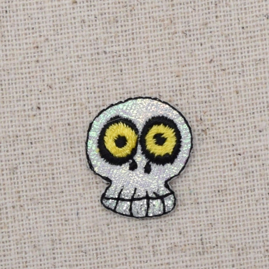 Small - Halloween - Human Skeleton Skull - Shimmery - Embroidered Iron on Patch