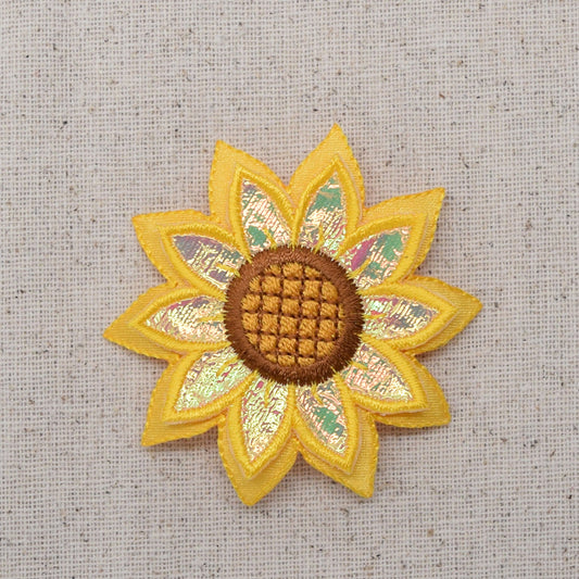 Sunflower - Shimmery -Layered - Yellow Flower - Iron on Applique - Embroidered Patch - 152980A