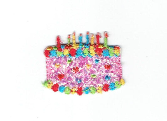 Small - Mini- Birthday Cake with Candles - PINK or WHITE - Confetti Shimmery - Embroidered Patch - Iron on Applique - 695107