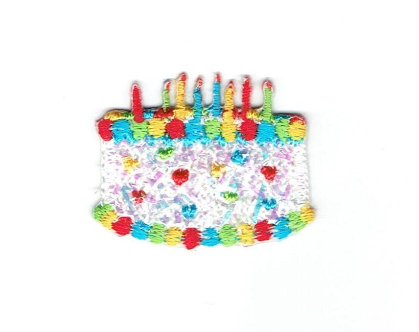 Small - Mini- Birthday Cake with Candles - PINK or WHITE - Confetti Shimmery - Embroidered Patch - Iron on Applique - 695107