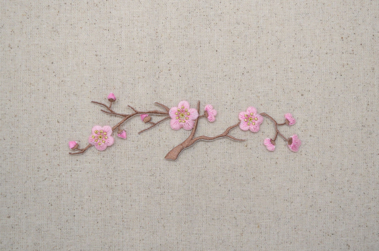 Cherry Blossom - Pink Flowers - Brown Stem - Iron on Applique - Embroidered Patch - 611528C