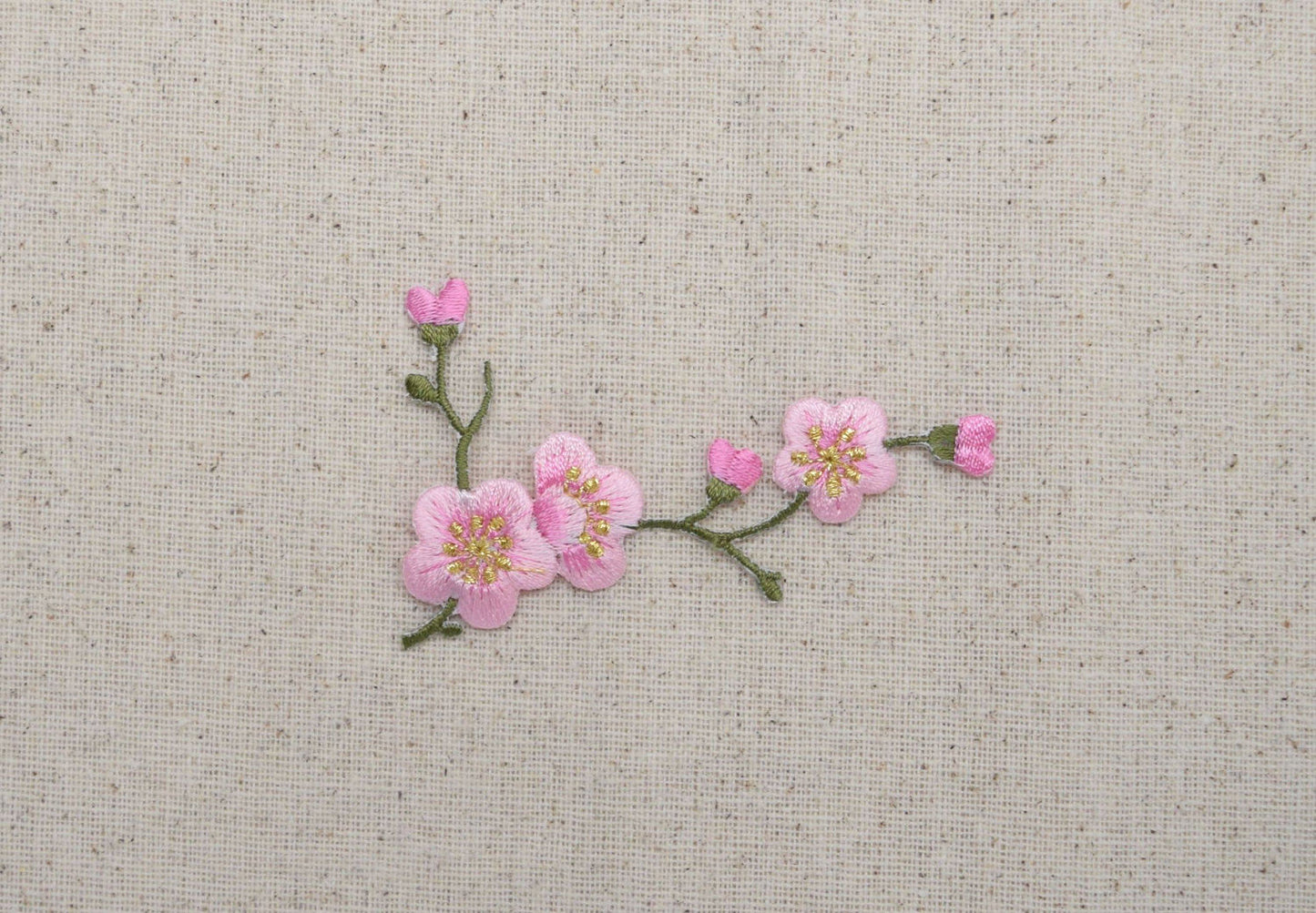 Cherry Blossom - Pink Flowers - Green Stem - LEFT or RIGHT - Iron on Applique - Embroidered Patch - 611517