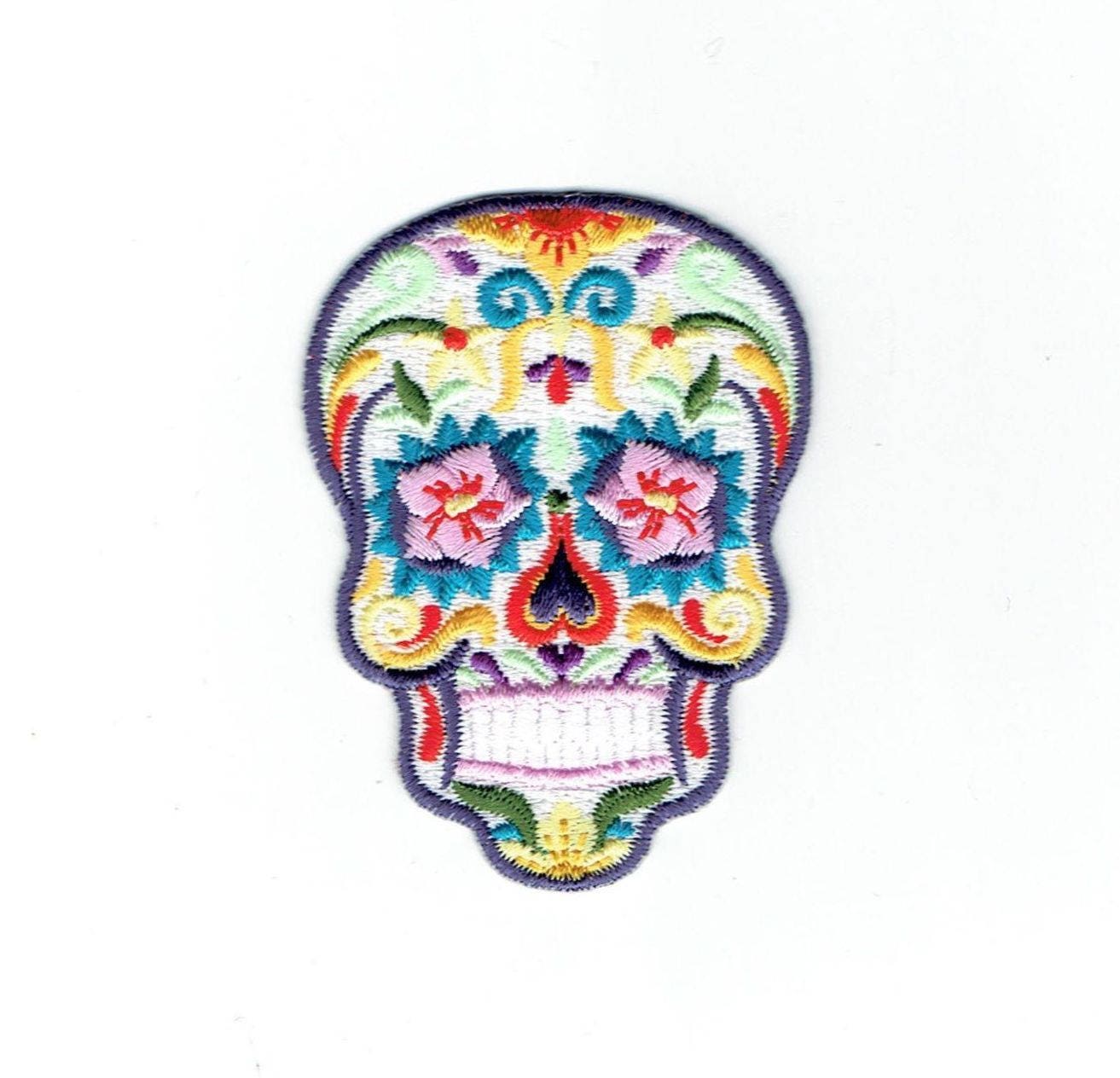 White Sugar Skull - Pink Flower Eyes - Day of the dead - Dia de los Muertos - Embroidered Iron on Patch