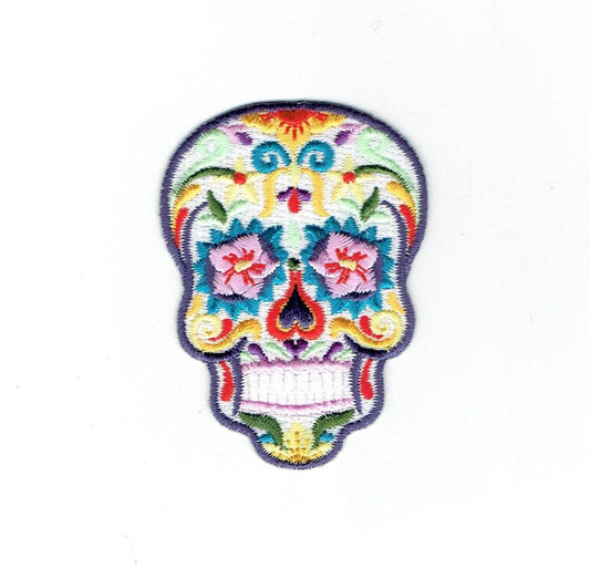 White Sugar Skull - Pink Flower Eyes - Day of the dead - Dia de los Muertos - Embroidered Iron on Patch