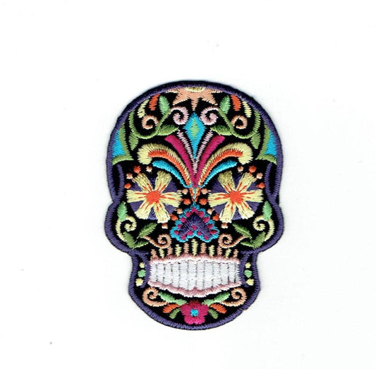 Black Sugar Skull - Blue/Yellow Flower Eyes - Day of the dead - Dia de los Muertos - Embroidered Iron on Patch